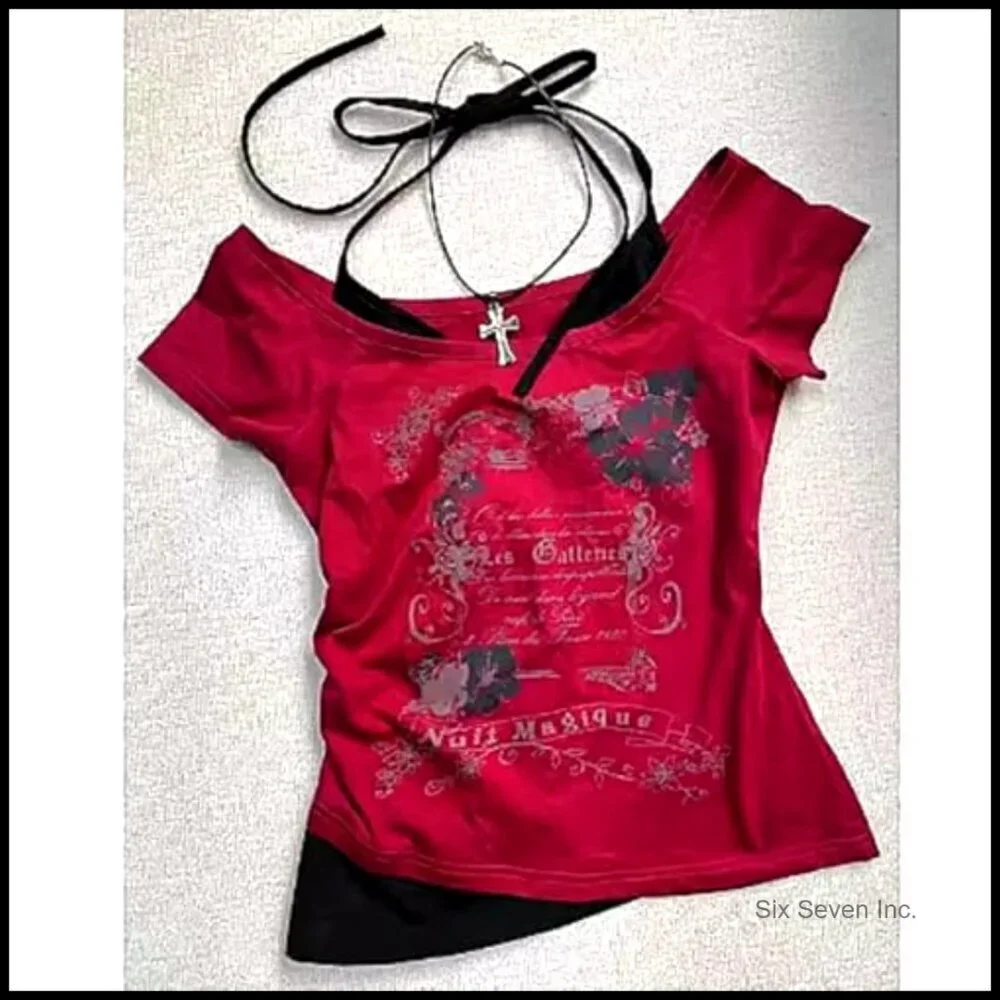 Y2K Grunge Crop Top Vintage Emo Style Short Sleeve Tee Two Piece Set
